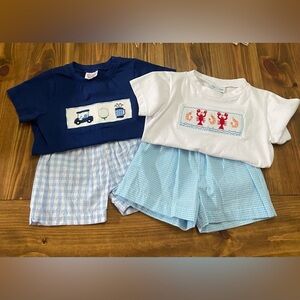 2 pc matching smocked boys summer sets. The Smocking Place and Lulu Bebe brand